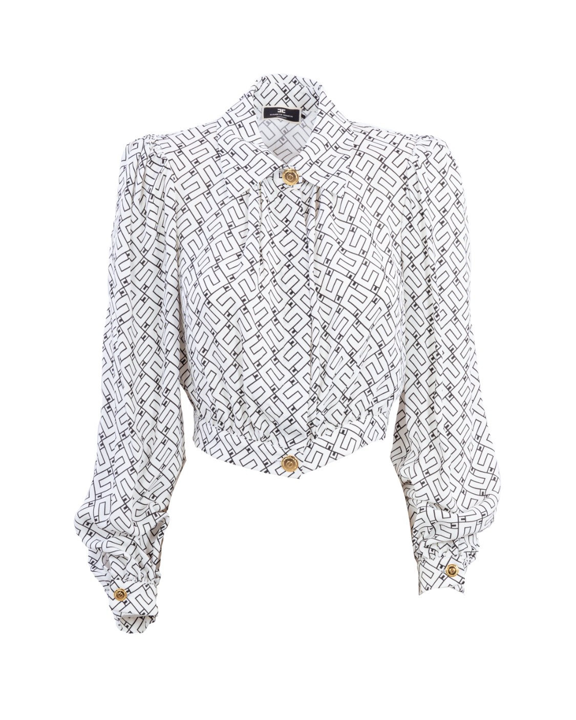 shop ELISABETTA FRANCHI  Camicia: Elisabetta Franchi camicia crop in viscosa stampa logo.
Camicia crop in doppia georgette di viscosa con stampa logo all-over. 
È caratterizzata da fascione in vita e spalle strutturate.
Bottoni in metallo dorato.
Composizione: 100% Viscosa.
Fabbricato in Italia.. CA00336E2-E84BURRO/NERO number 6421718